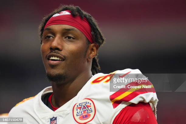 Taco Charlton of the Kansas City Chiefs looks on prior to an NFL game against the Arizona Cardinals at State Farm Stadium on August 20, 2021 in...