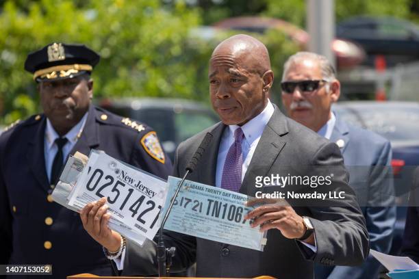 Springfield Gardens, New York: New York City Mayor Eric Adams speaks about a crackdown on counterfeit temporary license plates on July 5, 2022 in...