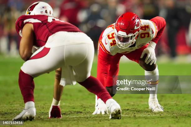 Taco Charlton of the Kansas City Chiefs gets set during the NFL game against the Arizona Cardinals at State Farm Stadium on August 20, 2021 in...