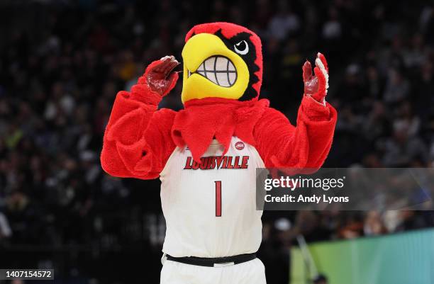 Louisville Cardinals mascot in the semi-final game of the 2022 NCAA Women's Basketball Tournament at Target Center on April 01, 2022 in Minneapolis,...