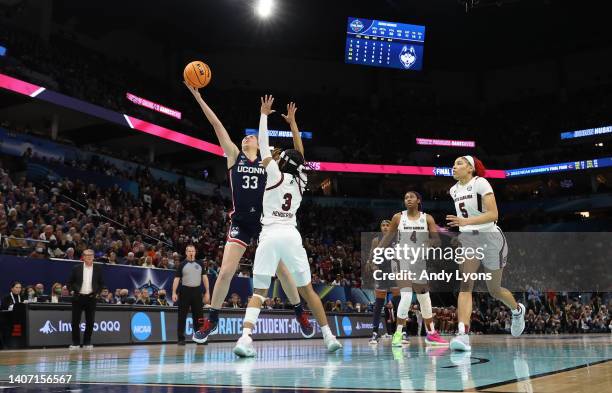 Caroline Ducharme of the Connecticut Huskies against the South Carolina Gamecocks in the championship game of the 2022 NCAA Women's Basketball...