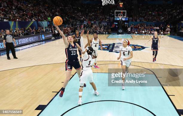 Caroline Ducharme of the Connecticut Huskies against the South Carolina Gamecocks in the championship game of the 2022 NCAA Women's Basketball...
