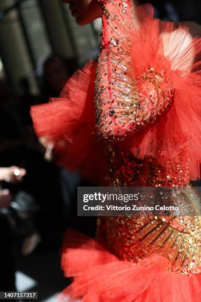 Model poses backstage prior to the Zuhair Murad Haute Couture Fall Winter 2022 2023 show as part of Paris Fashion Week on July 06, 2022 in Paris,...