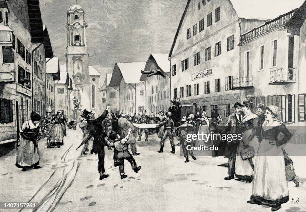 mittenwald carnival on the main street - fasnacht stock illustrations