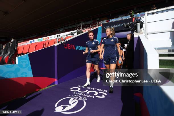 Marissa Callaghan and teammates of Northern Ireland take to the field during the UEFA Women's Euro 2022 Northern Ireland Training Session at St...