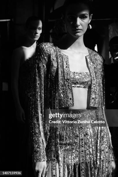 Model poses backstage prior to the Zuhair Murad Haute Couture Fall Winter 2022 2023 show as part of Paris Fashion Week on July 06, 2022 in Paris,...
