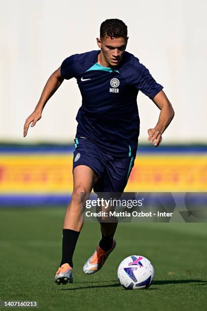 Kristjan Asllani of FC Internazionale in action during the FC Internazionale training session at the club's training ground Suning Training Center at...