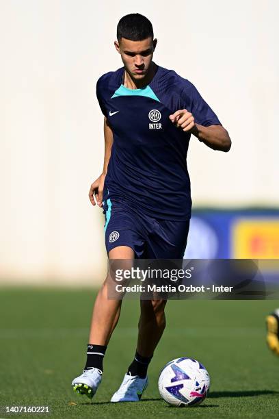 Valentín Carboni of FC Internazionale in action during the FC Internazionale training session at the club's training ground Suning Training Center at...
