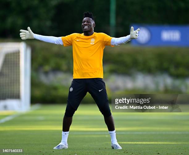 André Onana of FC Internazionale gesture during the FC Internazionale training session at the club's training ground Suning Training Center at...