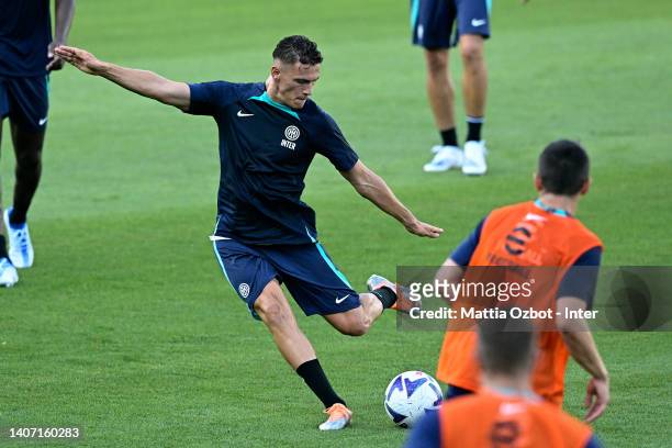Kristjan Asllani of FC Internazionale in action during the FC Internazionale training session at the club's training ground Suning Training Center at...