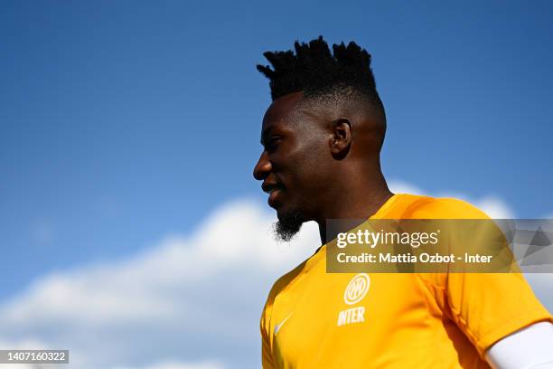 André Onana of FC Internazionale looks on during the FC Internazionale training session at the club's training ground Suning Training Center at...