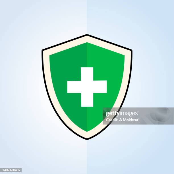 shield icon with health cross. - shield logo stock illustrations