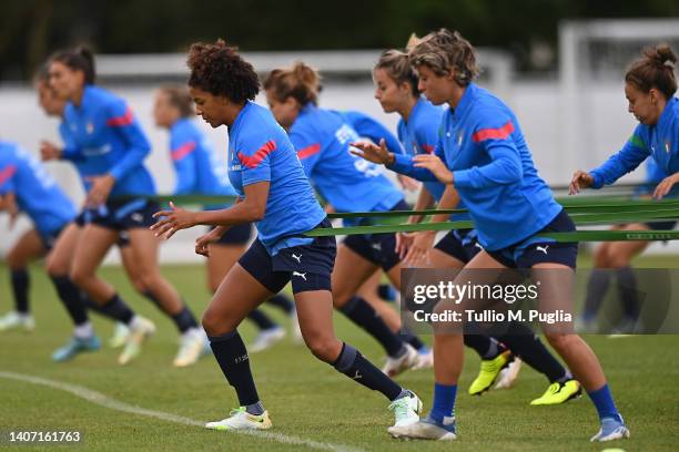 Sara Gama and Valentina Giacinti take part in an Italy Women training session at Accrington Stanley Community Trust Sport Hub on July 06, 2022 in...