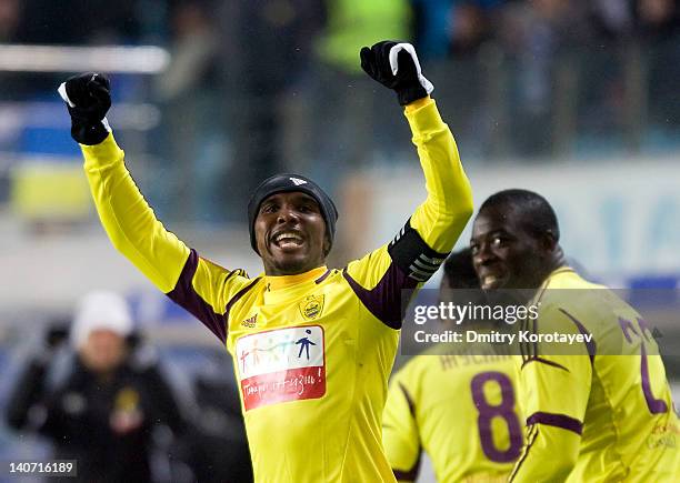 Samuel Eto'o of FC Anzhi Makhachkala celebrates after scoring a goal during the Russian Football League Championship match between FC Dynamo Moscow...