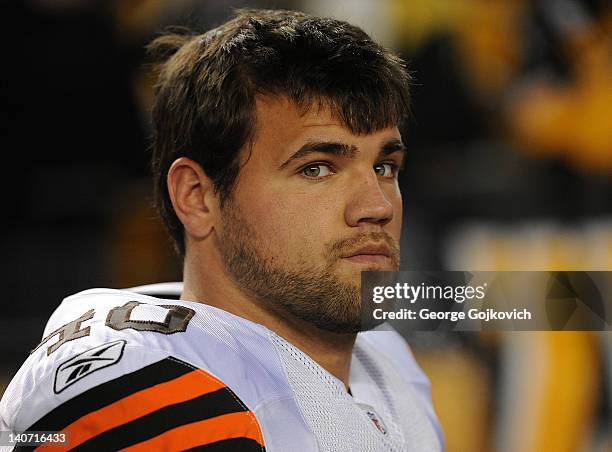 Running back Peyton Hillis of the Cleveland Browns looks on from the sideline during a game against the Pittsburgh Steelers at Heinz Field on...