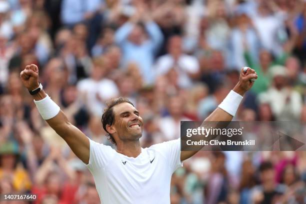 Rafael Nadal of Spain celebrates winning match point against Taylor Fritz of The United States during their Men's Singles Quarter Final match on day...