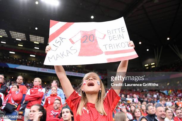 An Austria fan shows their support with a banner for Lisa Makas prior to the UEFA Women's EURO 2022 group A match between England and Austria at Old...