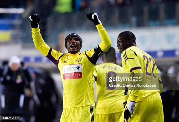 Samuel Eto'o of FC Anzhi Makhachkala celebrates after scoring a goal during the Russian Football League Championship match between FC Dynamo Moscow...