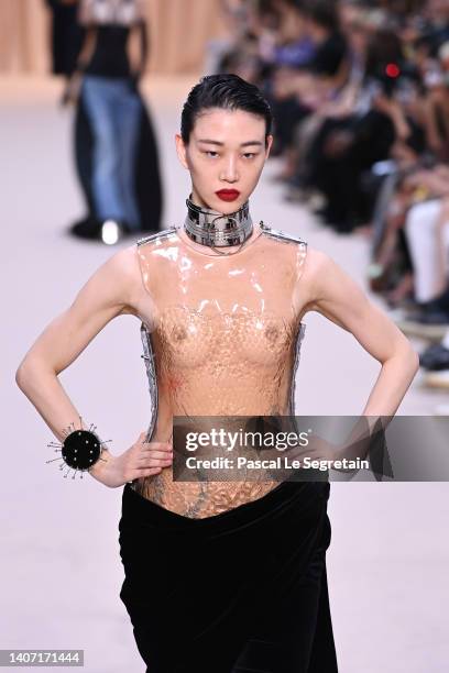 Model walks the runway during the Jean-Paul Gaultier Haute Couture Fall Winter 2022 2023 show as part of Paris Fashion Week on July 06, 2022 in...