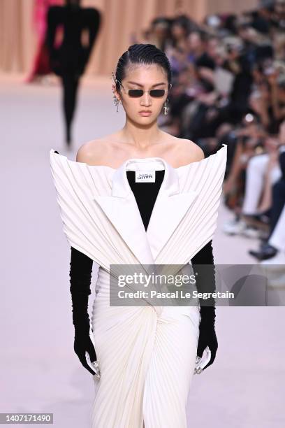 Model walks the runway during the Jean-Paul Gaultier Haute Couture Fall Winter 2022 2023 show as part of Paris Fashion Week on July 06, 2022 in...