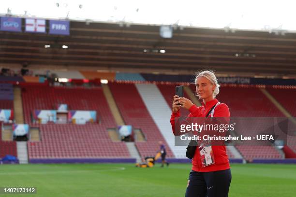 Anna Josendal of Norway inspects the pitch during the UEFA Women's EURO 2022 Norway Press Conference at St Mary's Stadium on July 06, 2022 in...