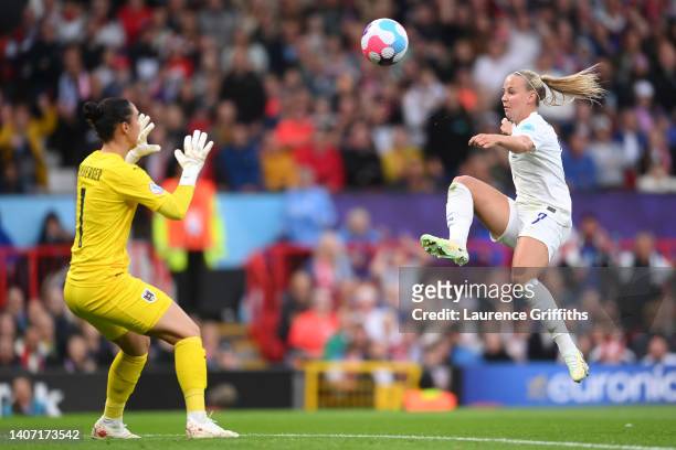 Beth Mead of England scores their team's first goal during the UEFA Women's EURO 2022 group A match between England and Austria at Old Trafford on...