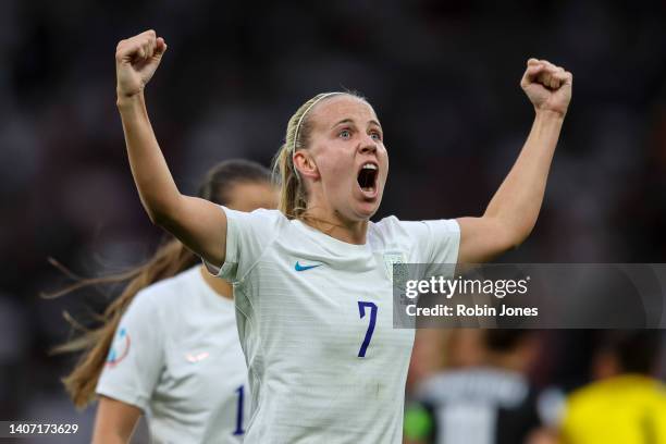 Beth Mead of England celebrates after she scores a goal to make it 1-0 during the UEFA Women's Euro England 2022 group A match between England and...