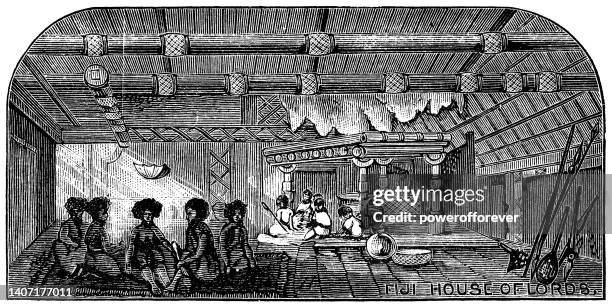 fijian house of lords/legislative council/house of representatives on viti levu island, fiji - 19th century - suva fiji stock illustrations