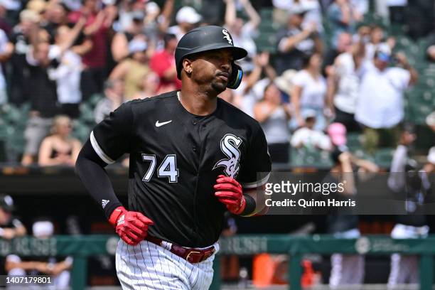 Eloy Jimenez of the Chicago White Sox hits a two run home run in the fourth inning against the Minnesota Twins at Guaranteed Rate Field on July 06,...