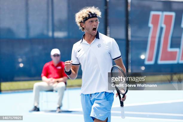 August Holmgren of the San Diego Toreros reacts during the Division I Men’s and Women’s Singles and Doubles Tennis Championship held at the Khan...