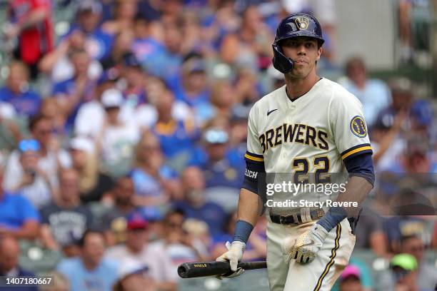Christian Yelich of the Milwaukee Brewers reacts to a strike out during the sixth inning against the Chicago Cubs at American Family Field on July...