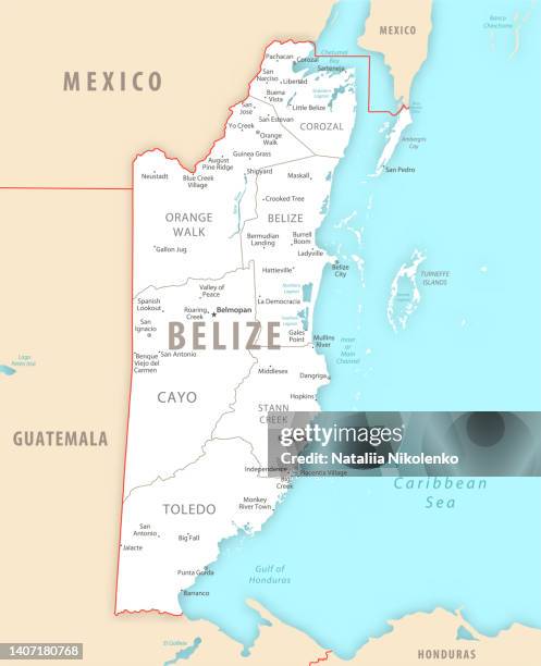 belize detailed map with regions and cities of the country. - belize barrier reef stock illustrations