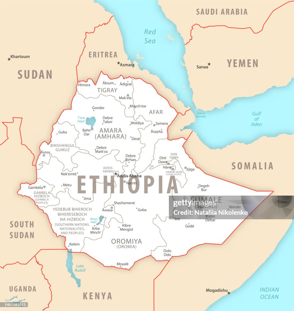 Mapa detallado de Etiopía con regiones y ciudades del país.