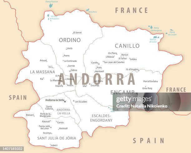 andorra detailed map with regions and cities of the country. - andorra map stock illustrations