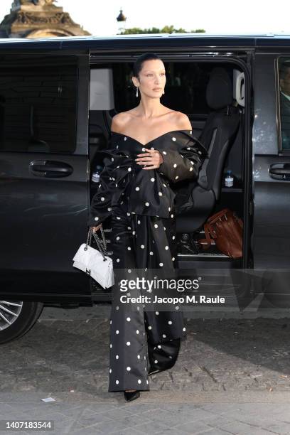 Bella Hadid arrives at Hotel de la Marine on July 06, 2022 in Paris, France.