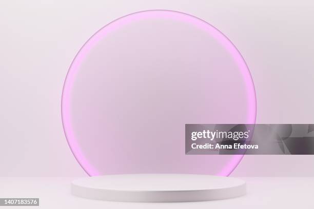 white ceramic podium with frosted glass backdrop and magenta neon lighting. futuristic 3d platform for your product - frosted glass ストックフォトと画像