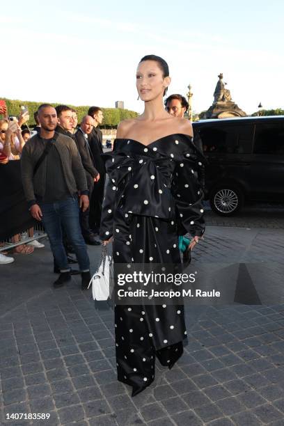 Bella Hadid arrives at Hotel de la Marine on July 06, 2022 in Paris, France.