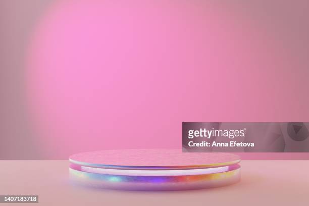 chroma holographic podium on pastel pink background with light. - advertising column stock pictures, royalty-free photos & images