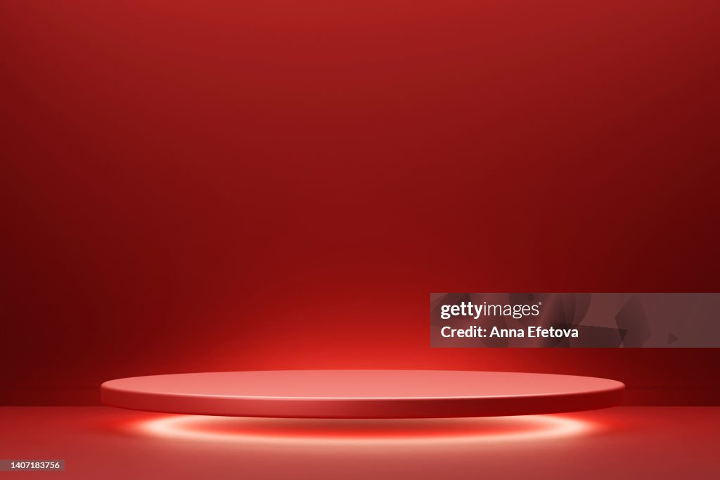 Red levitating podium on red background with circle white lightening