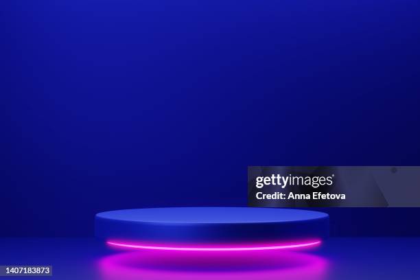 levitating blue podium with pink neon circle. futuristic platform for your product - lilac rose photos et images de collection