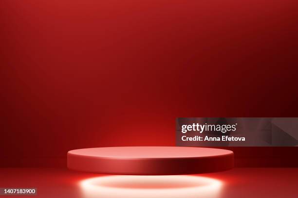 red levitating podium on red background with circle white lightening - red pedestal stock pictures, royalty-free photos & images