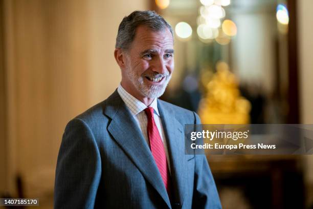 King Felipe VI upon his arrival to receive in audience the delegation of the American Jewish Committee at the Zarzuela Palace, on July 6 in Madrid,...