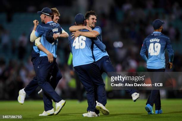 Jordan Thompson of Yorkshire Vikings celebrates with teammates after victory in the Vitality T20 Blast Quarter Final 1 match between Surrey and...