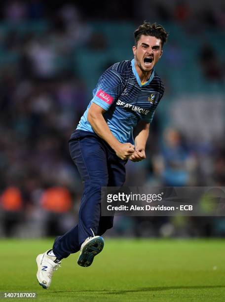 Jordan Thompson of Yorkshire Vikings celebrates after victory in the Vitality T20 Blast Quarter Final 1 match between Surrey and Yorkshire Vikings at...