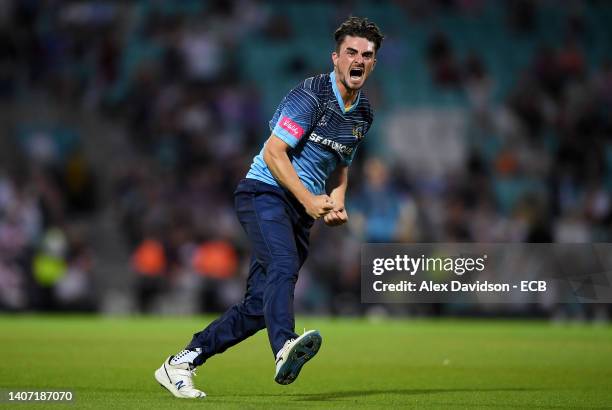 Jordan Thompson of Yorkshire Vikings celebrates after victory in the Vitality T20 Blast Quarter Final 1 match between Surrey and Yorkshire Vikings at...