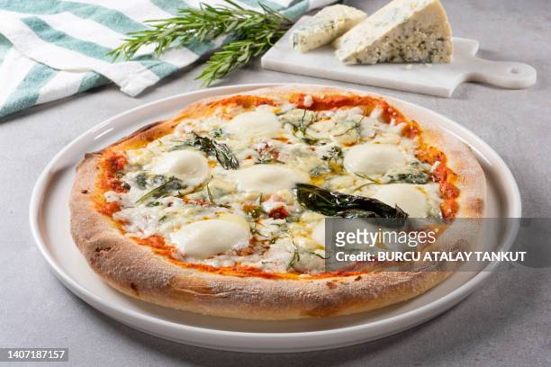 four cheese pizza with herbs - italienisches essen stock-fotos und bilder