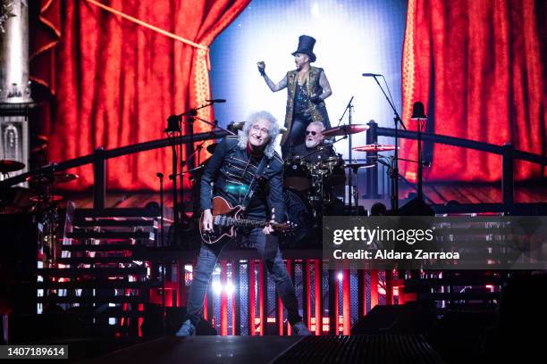 Guitarist Brian May and drummer Roger Taylor of Queen perform on stage at Wizink Center on July 06, 2022 in Madrid, Spain.