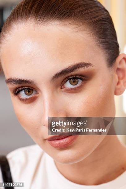 Model poses backstage prior to the Zuhair Murad Haute Couture Fall Winter 2022 2023 show as part of Paris Fashion Week on July 06, 2022 in Paris,...