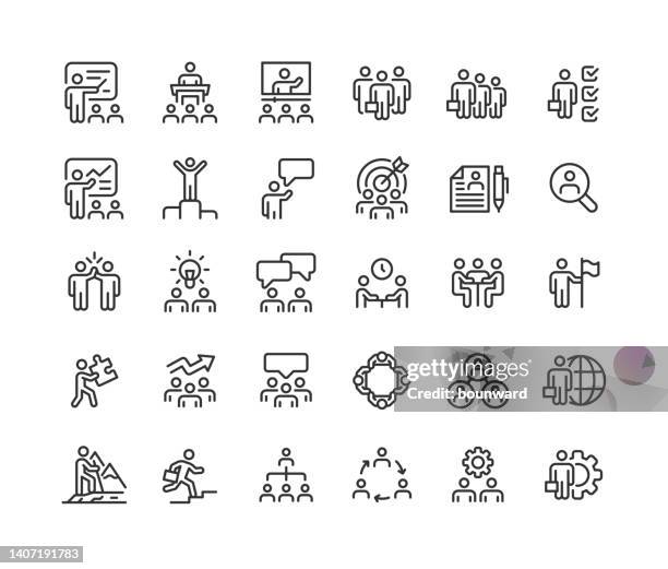 business teamwork people line symbole. bearbeitbarer strich. - redner stock-grafiken, -clipart, -cartoons und -symbole