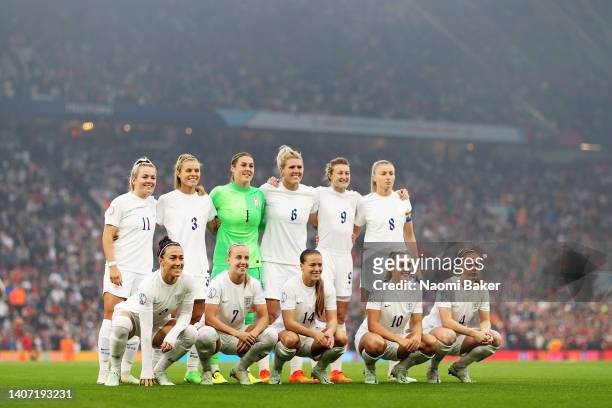 England pose for a team photo during the UEFA Women's Euro England 2022 group A match between England and Austria at Old Trafford on July 06, 2022 in...
